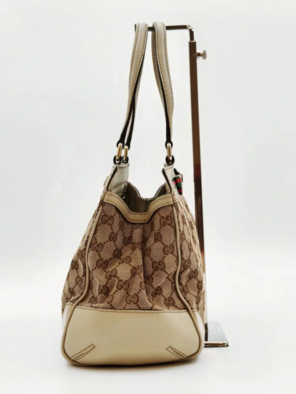 Gucci GG Canvas Web Bow Tote Bag Beige Ivory Leather Handbag Italy